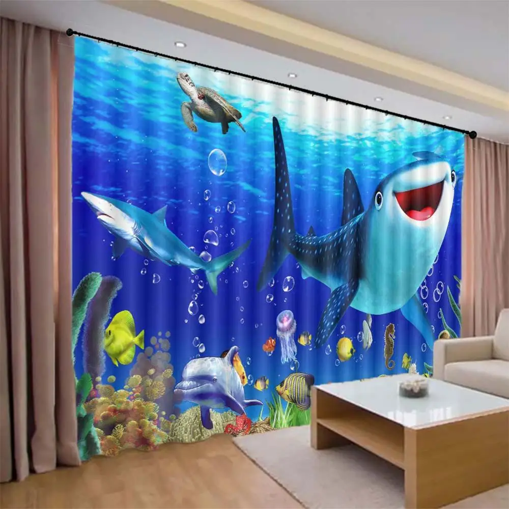 

Factory direct sale Blue sea shark 3D Window Curtains Living Room bedroom Drapes Rideaux factory Customized size