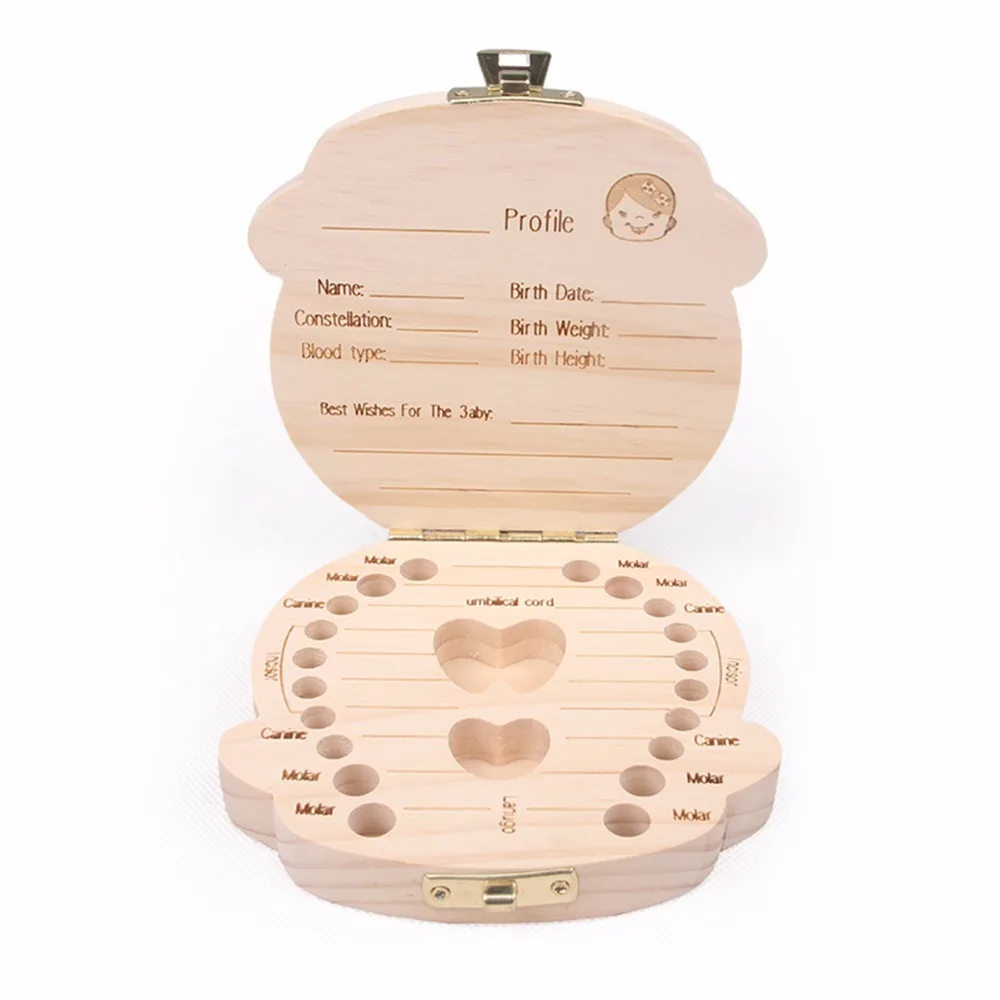 English Spanish Russia Text Baby Boy Girl Fallen Tooth Box Storage Natural Wood Case Save Milk Teeth Collection Organizer Holder