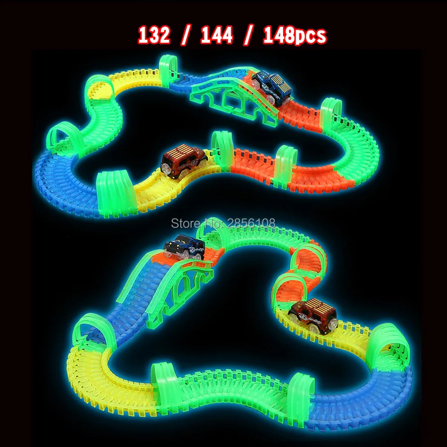 Glows in the dark rail Car DIY Assembly Toy Slot track Car Set with LED