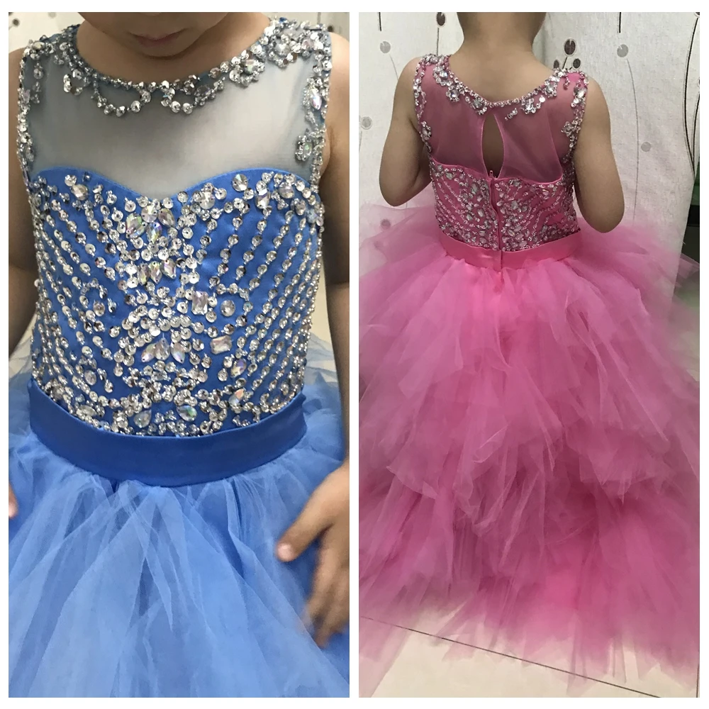 

Real Photo Bling Bling Ball Gown Flower Girls Dresses Tulle Beaded Crystal Girls Pageant Party Gowns Formal Wear