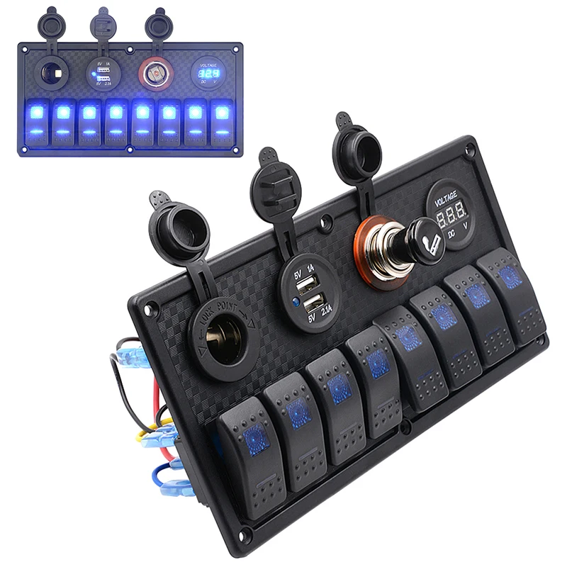 

8Gang rocker switch Panel+Digital Voltmeter+Double USB Power Charger Adapter New