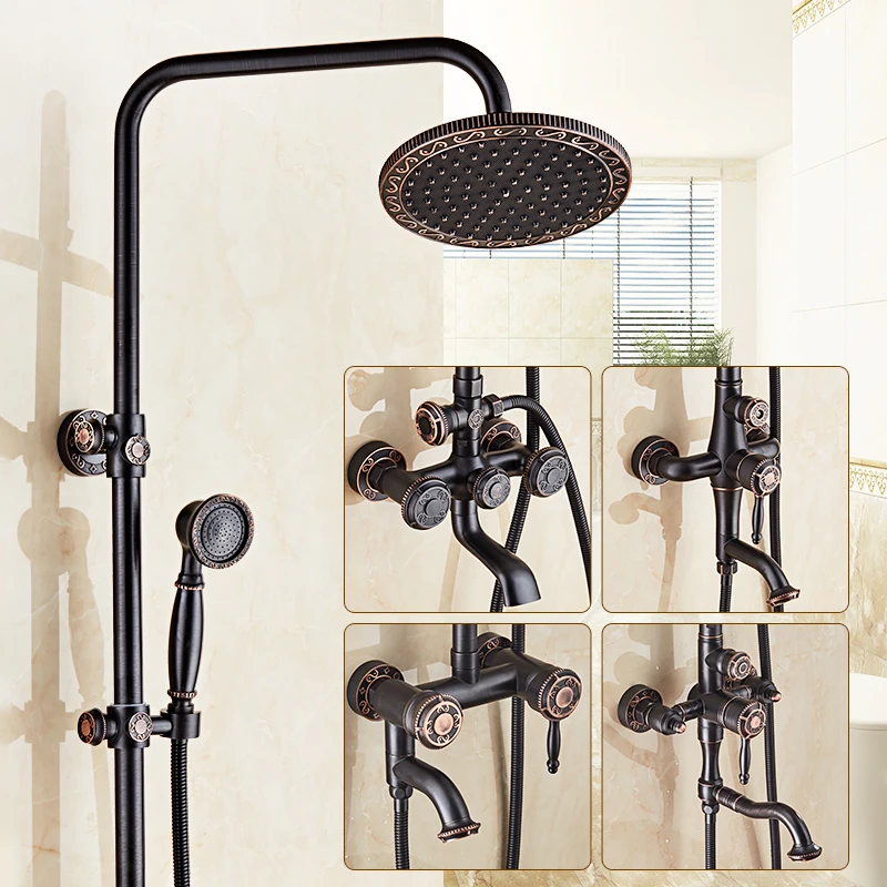 

Wall Mounted Brass Black Shower Faucet Single Handle Round Brass Rainfall Shower Mixer Kit with Handheld Shower
