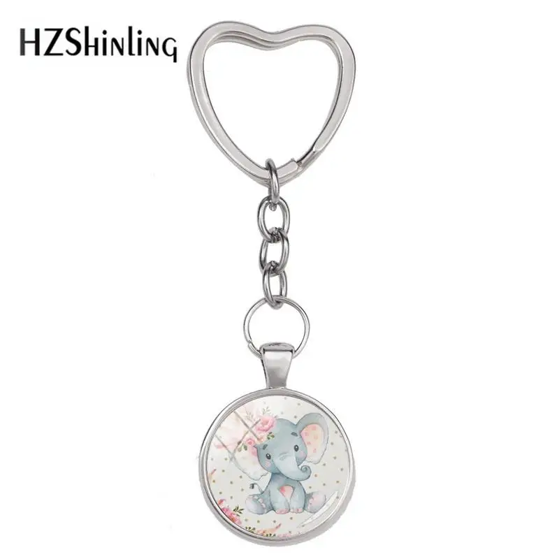 

2018 New Design Cute Elephants Baby Keyring Wearing Flowers Animal Key Rings Glass Cabochon Jewelry
