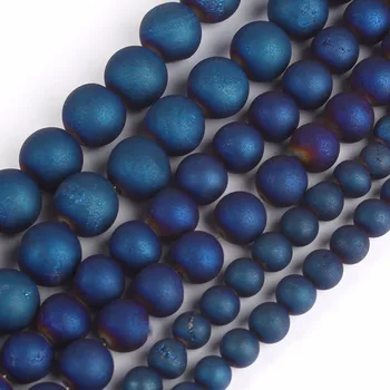 

Royal Blue Round Beads Natural Druzy Quartz Agate Beads for Jewelry Making Fit DIY Earrings Bracelet Necklace 6/8/10mm 15 inches