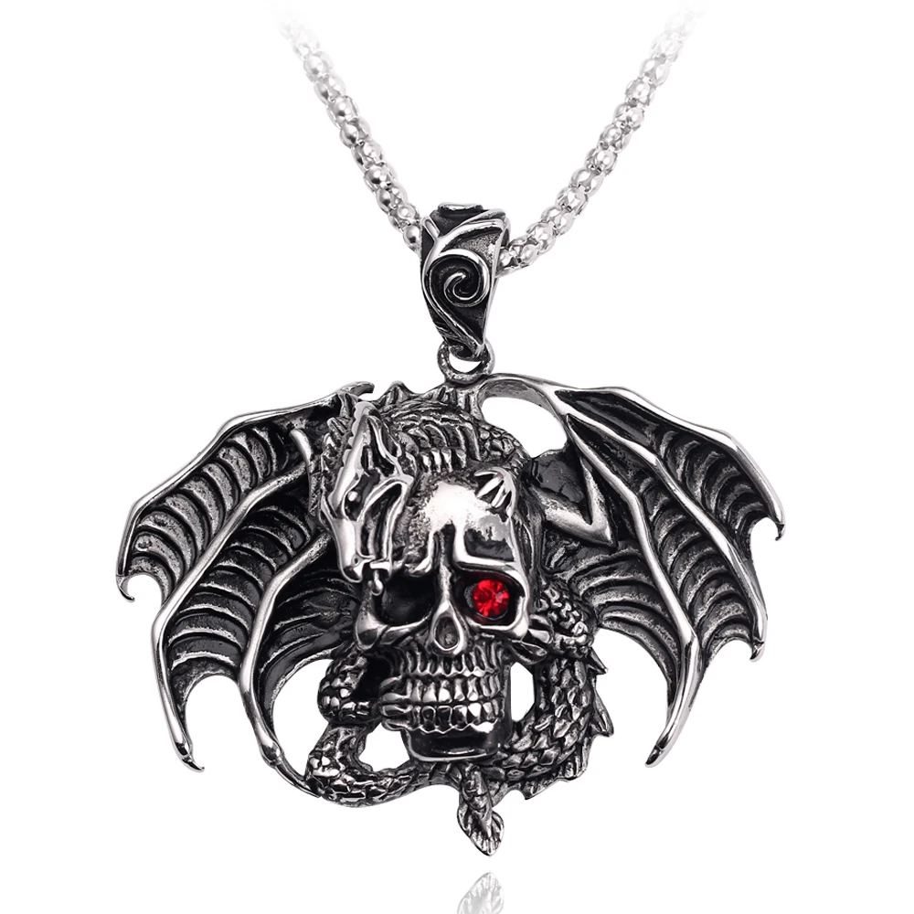 

Punk Dragon Roar Death Twine Terrified Skull Gothic Big Pendant Necklace Red Crystal Eyes Stare For Male Men Cool Jewelry Gift