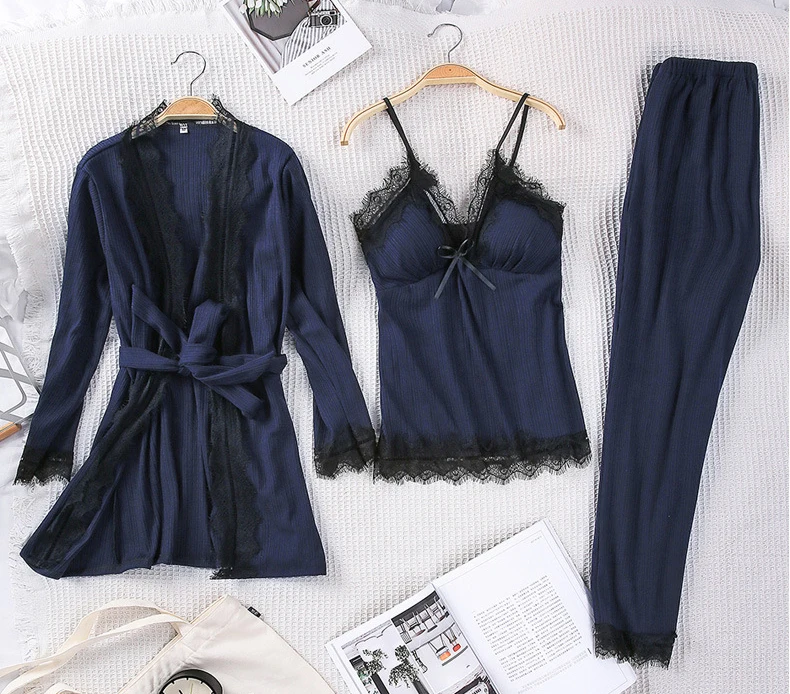 Queenral 3PCS Pyjama Femme Long Sleeve Pijama  For Women Sleepwear Set Home Clothes Pajamas Sets Sexy Lace Robe Pajamas         6