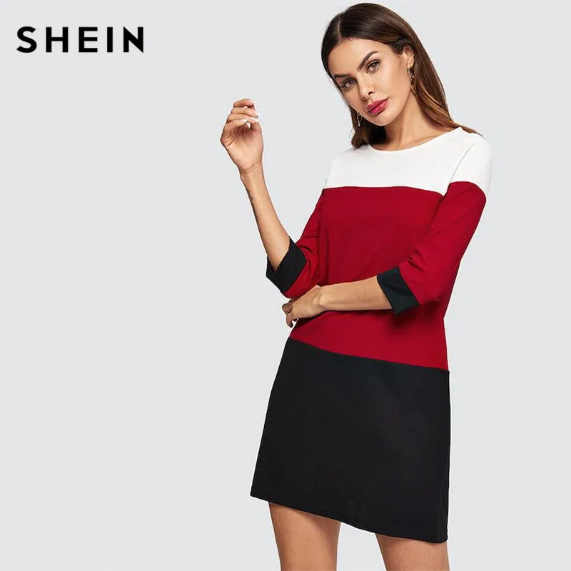 

SHEIN White Red and Black Stitching Women Dresses Cut And Sew Tunic Dress 2019 Spring Women Straight Dresses