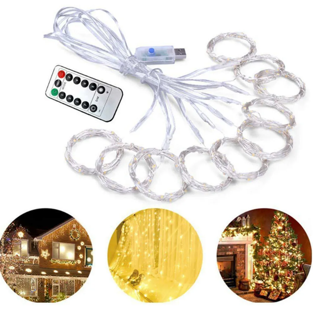 CARPRIE USB Curtain Lights 3m 300 LED 8 Modes with Control Christmas Parties Weddings Light Garlands Ball White Outdoor Wedding