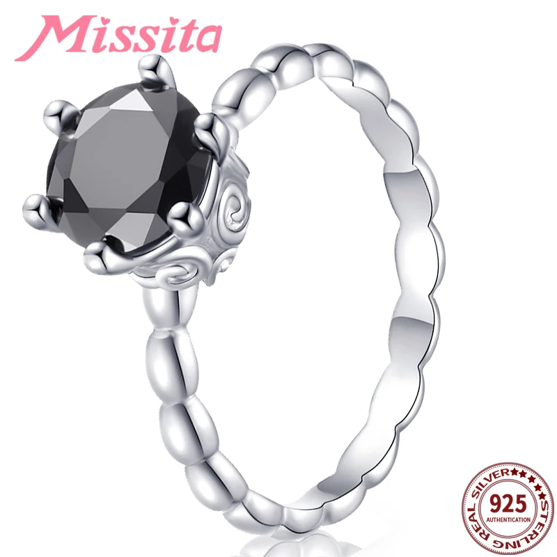 

MISSITA 100% 925 Sterling Silver Black Crystal Rings for Women Romantic Gift with Black Stackable Zircon Brand Silver Jewelry