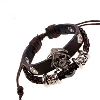 

Antique Alloy Gothic Skull Studded Charm Bracelets Brown Leather Braided Multilayer Cuff Bangle & Bracelet For Women Men Jewelry