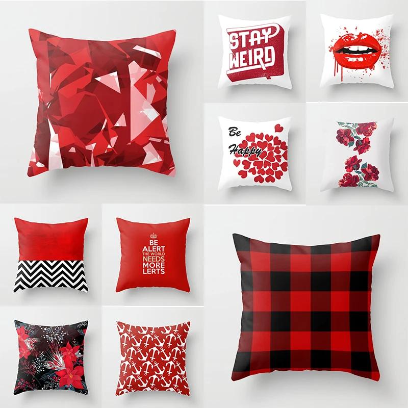 

Red Cushion Cover 45x45cm Printed Sexy Lips Polyester Decorative Lattice Pillow Covers Geometric Homewares Decor Plants Pillows