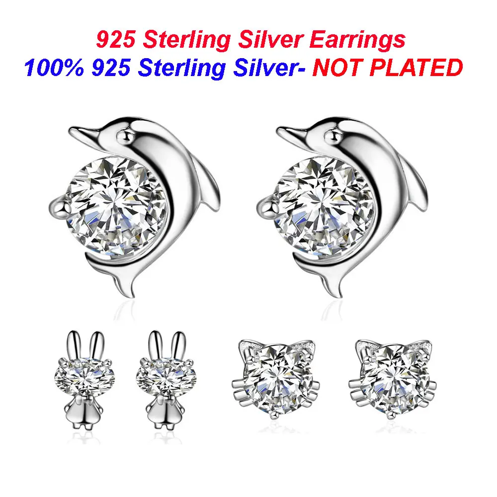 

100% 925 Sterling Silver Dolphin Stud Earrings Vnistar Rabbit Silver Ear Studs Wholesale Cute Cat Earrings for Women