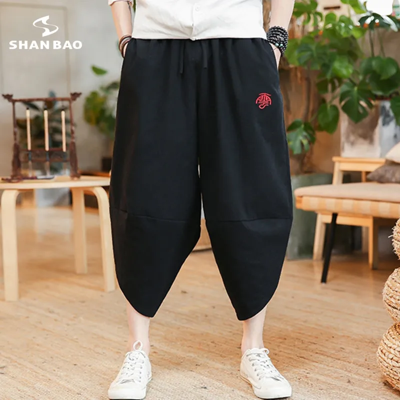 

SHAN BAO brand clothing Chinese style men's casual loose pants 2019 summer new Chinese characters embroidered pants large size