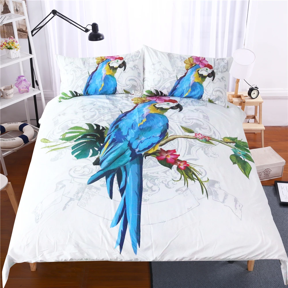 

3D Bedding Set 3Pcs blue white Parrot flower animal Duvet Cover soft Pillowcase Tropical Quilt/duvet Cover twin full queen king