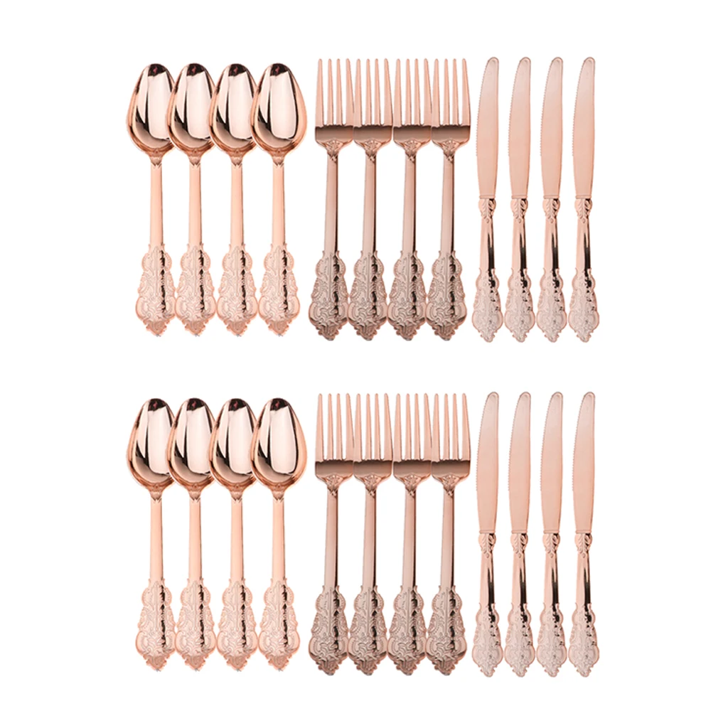 24 Pieces Disposable Plastic Forks Spoons Knifes Party Decorations Rose Gold