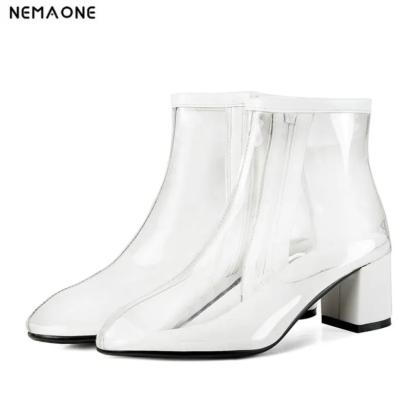 

NemaoNe new women PVC ankle boots rouned toe square heel transparent women boots clear high heels summer shoes big size 43
