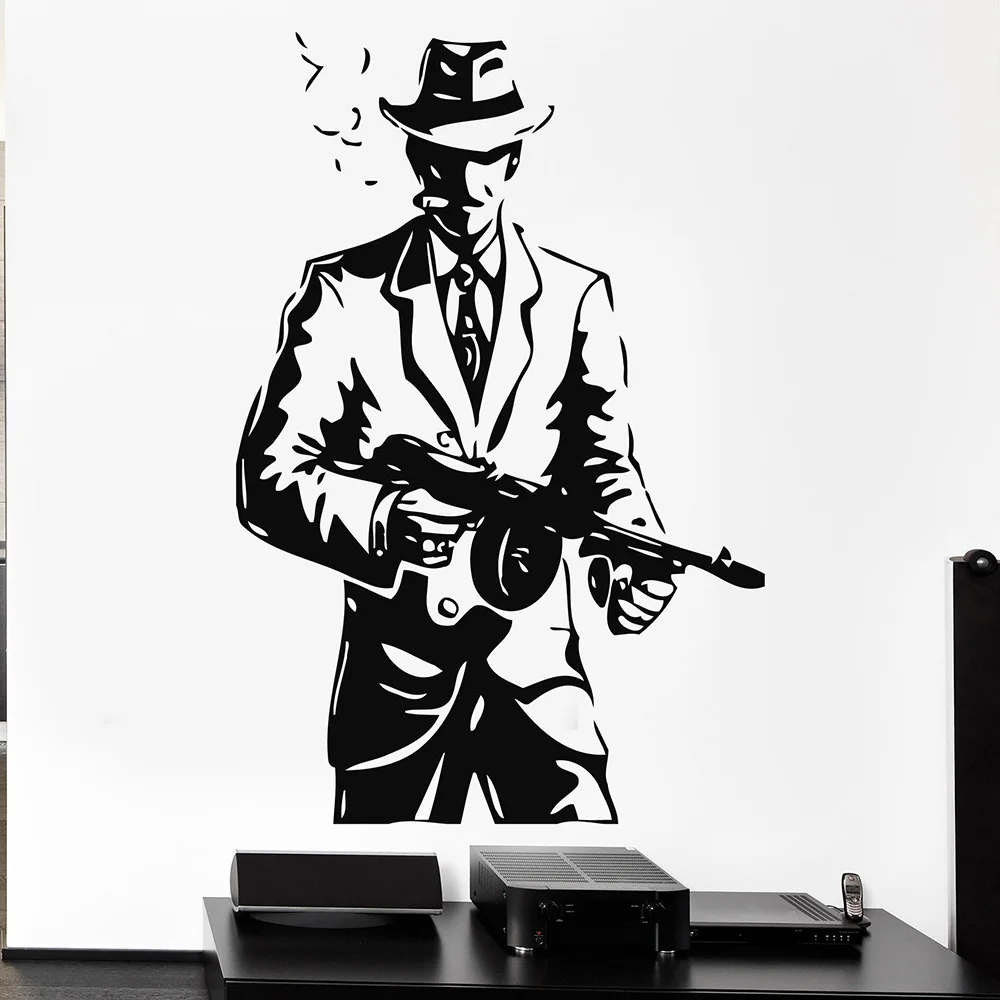 Бесплатная доставка diy обои Шляпа Гангстера оружие Tommy Gun виниловая наклейка на