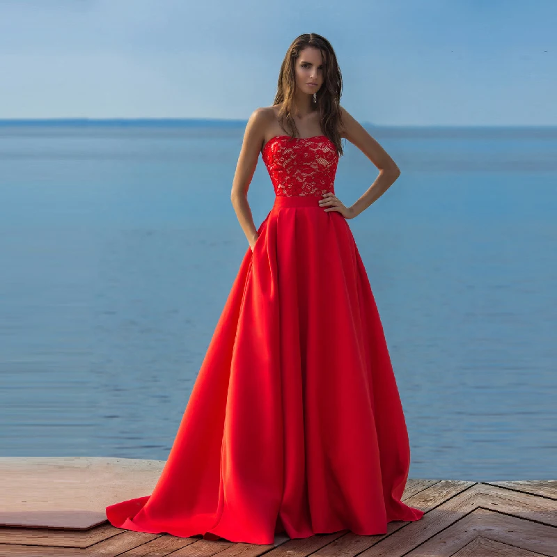 Stylish Red 2 Piece Prom Dresses with Detachable Skirt/Train Side Pockets Lace Short Party Dress