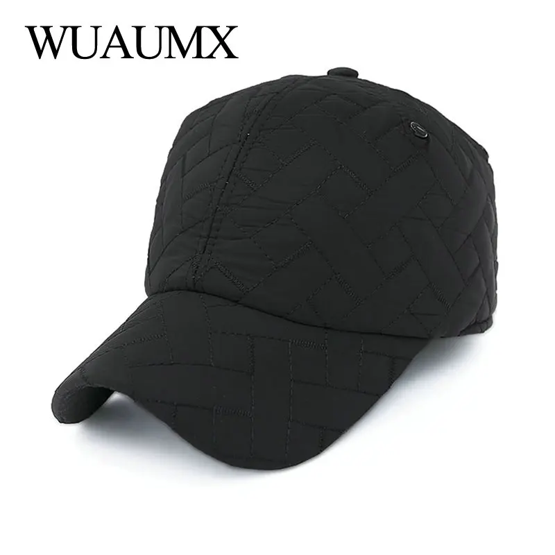 Wuaumx, однотонная зимняя бейсболка для мужчин с ушками, теплая Бейсболка из хлопка, головные уборы для отца, защита ушей