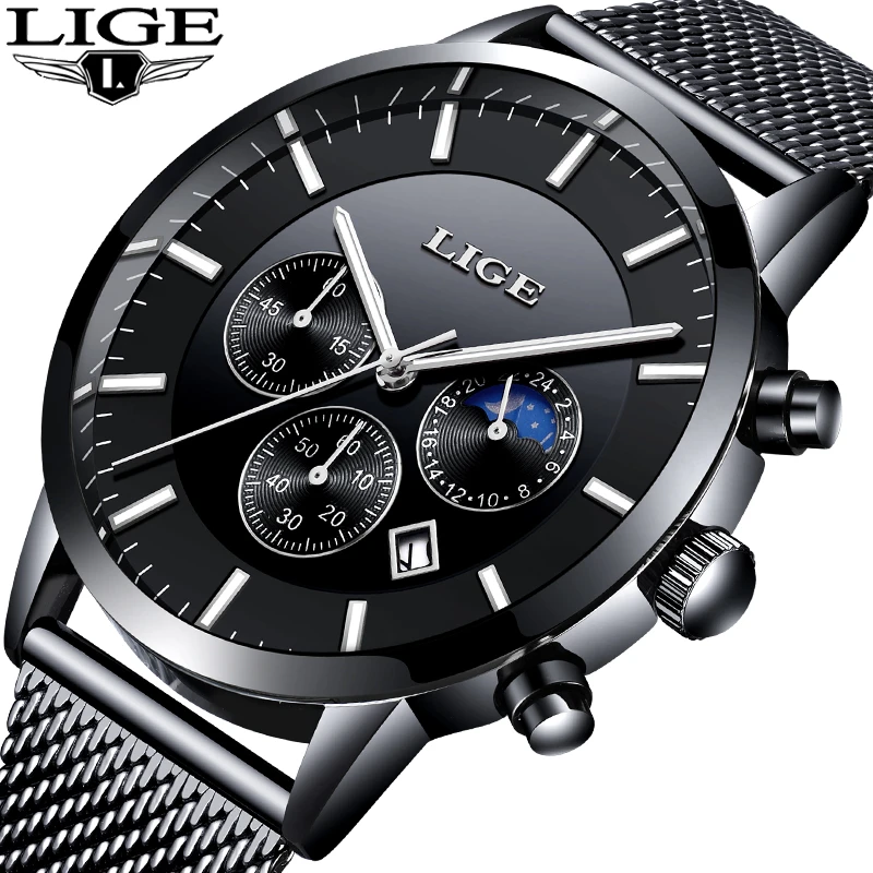 New Men Watch LIGE Mens Watches Top Brand Luxury Quartz Wristwatch Men Full Steel Grid Casual Strap Waterproof Sport Chronograph