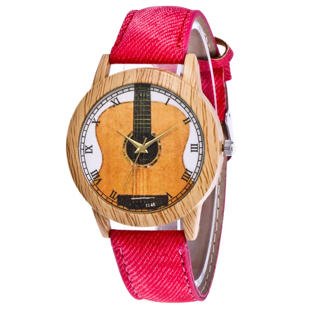 

Vansvar Red Fashion guitar Leather Strap Fashion Watch Round Casual Quartz Wrist Watch 2019 Ladies simple watch dropshiping