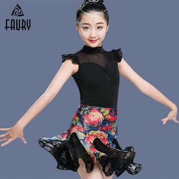 

High Quality Girls Latin Dance Dress Costumes Children Floral Print Latin Dancer Apparel Kids Dancing Clothes Latin Dancewear
