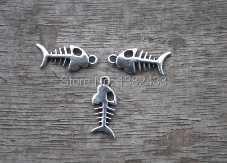 

50pcs--Fish Bones Charms,AntiqueTibetan silver Lovely Fish Bone Charm Pendant 2 Sided 15x7mm