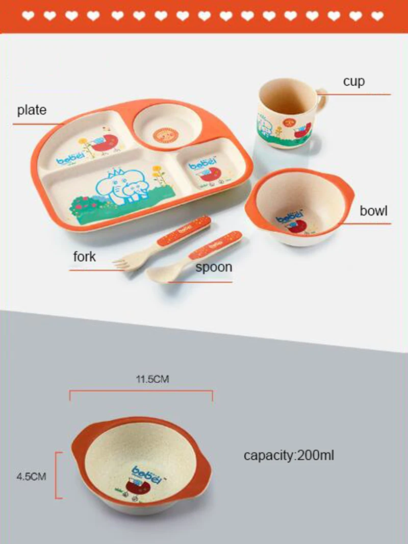 Симпатичные бамбуковое волокно Детские Для мальчиков и девочек посуда набор для обучения ребенка ужин Кормление посуда 5 шт. один комплект