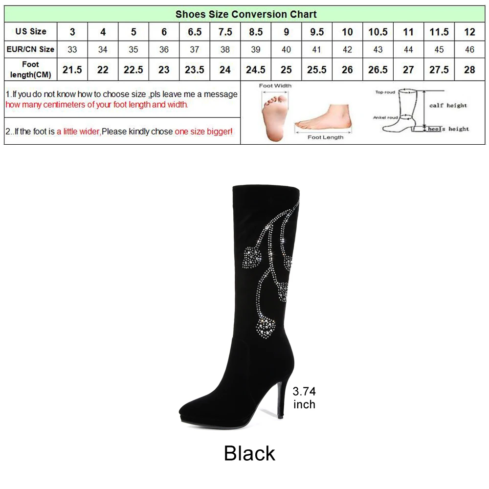 Annymoli/Сапоги до колена; сапоги на платформе с высоким каблуком и острым носком; пикантная зимняя обувь; высокие сапоги на молнии с цветком из страз; цвет черный, Size33-43