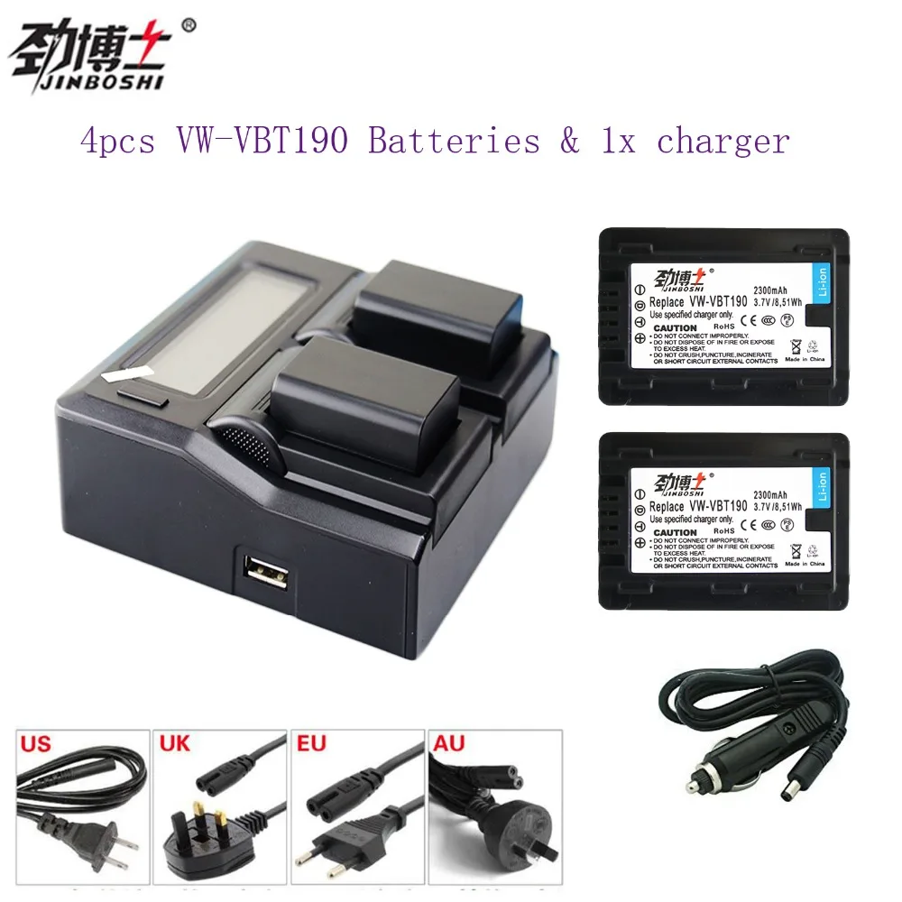 

JINBOSHI 4Pcs VW-VBT190 VBT190 Li-ion Battery + LCD Channel Charger for Panasonic HC-V110 HC-V130 HC-V160 HC-V180 HC-V201 HC-V21