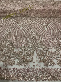

French net yarn Gold glitter sparkling sequins and beads embroidery lace Nigeria wedding dress fabric craft