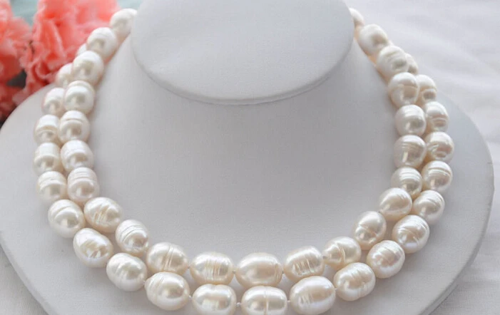 

HOT## Wholesale FREE SHIPPING >>> Huge 2strands 15mm white rice FRESHWATER CULTURED pearl necklace