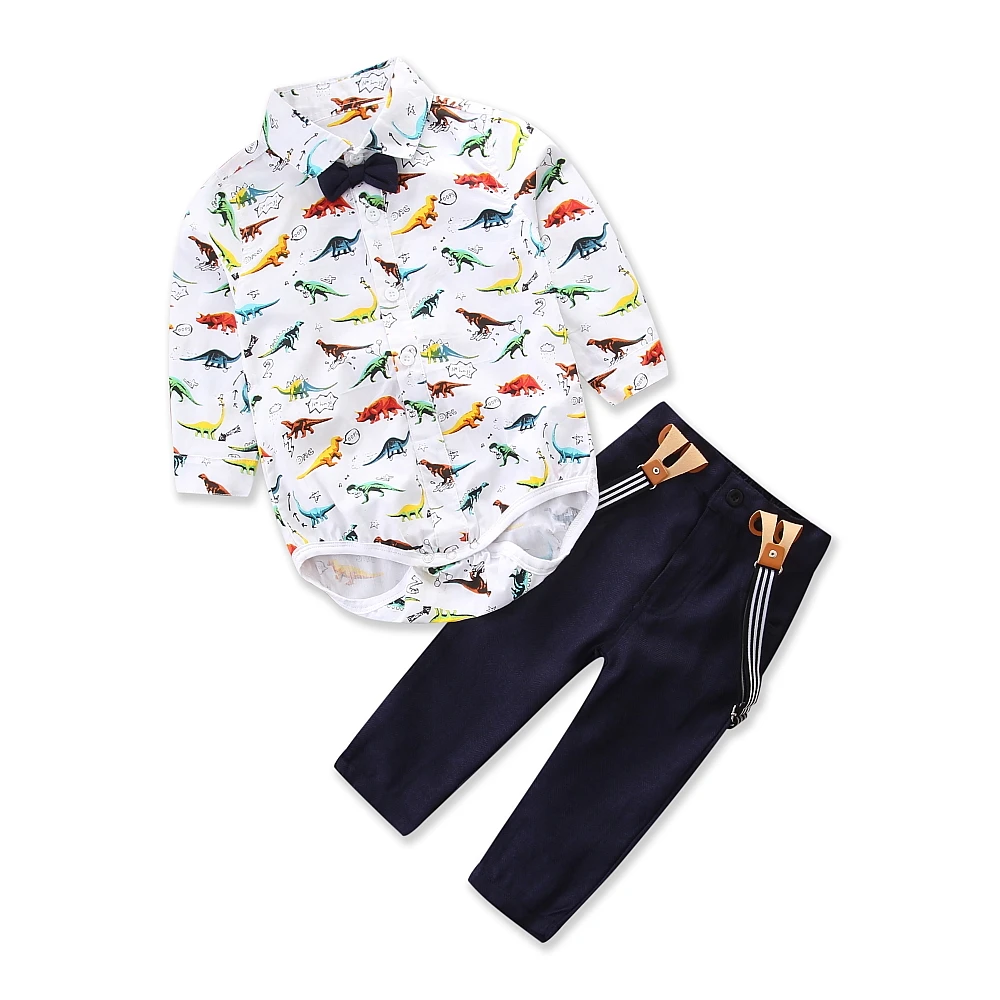 

Autumn Fashion Dinosaurs Pattern Infant Clothing Baby Suit Boys Clothes Gentleman Bow Tie Rompers Detachable Suspenders Pants