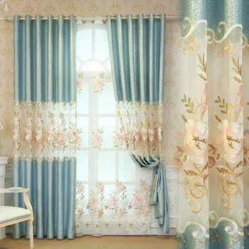 

Senisaihon Luxury Blackout Curtains Blue High Precision Embroidery Window Curtains Bedroom Red Tulle Curtains for Living Room