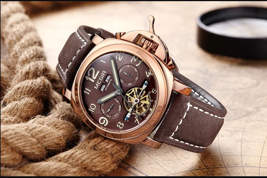 Мужские часы MEGIR, автоматические часы с скелетом, Топ бренд, роскошные мужские механические часы, часы с кожаным ремешком, мужские часы