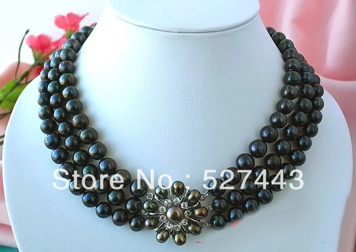 

Wholesale free shipping >>AAA 3ROW 10MM BLACK ROUND FW PEARL NECKLACE