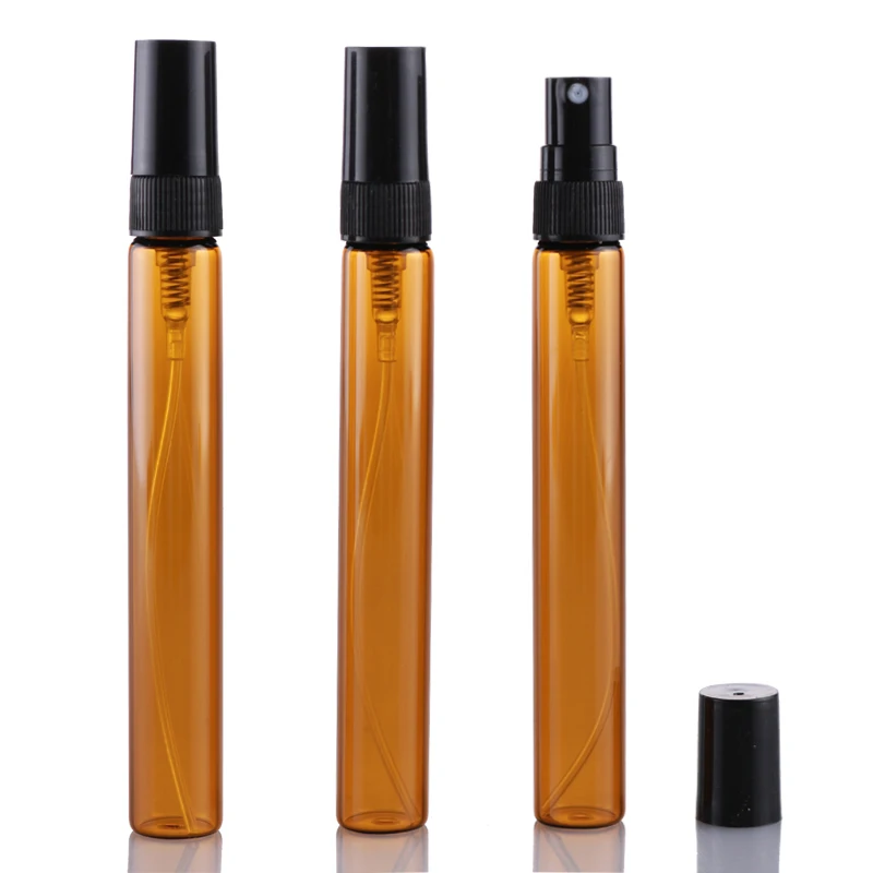 

100Pieces/Lot 10ML Portable Brown Glass Perfume Bottles Plastic Atomizer Portable Contenitori Cosmetic Vial For Essential Oil
