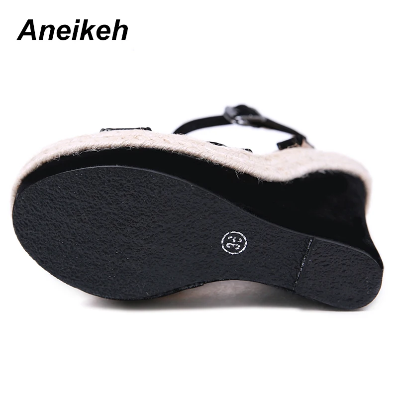Женские босоножки из флока Aneikeh черные свадебные туфли лодочки на танкетке с