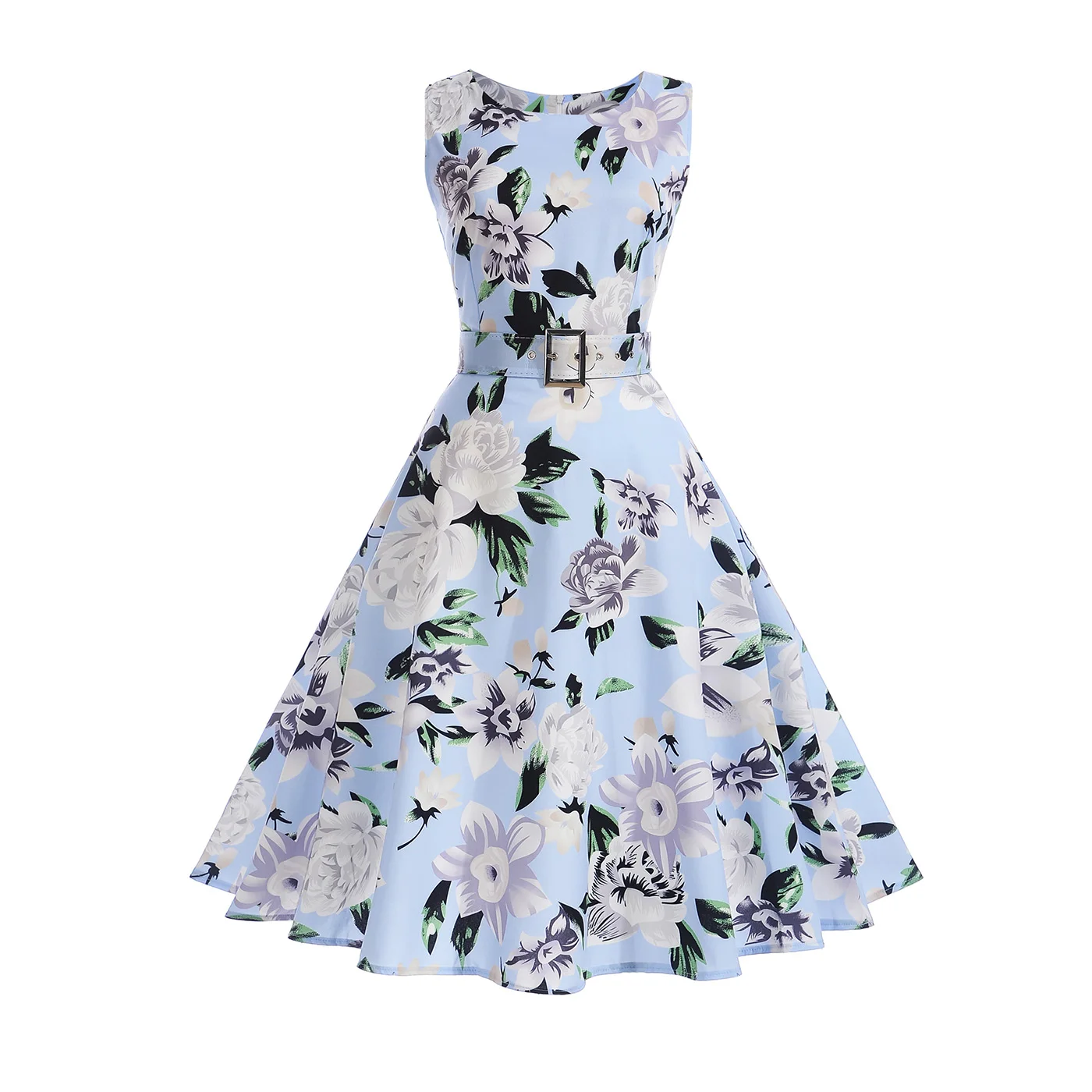 

Vestidos Vintage Dress Summer Floral Print Sleeveless Party Dresses 50s 60s Elegant Rockabilly Sexy Pin Up Dress with Belt