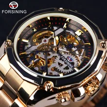 Forsining Steampunk Gear Design Transparent Case Automatic Watch Gold Stainless Steel Skeleton Luxury Men Watch Top Brand Luxury