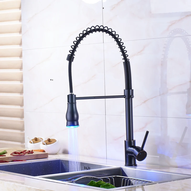 

LED Color Changing Single Lever Spring Kitchen Sink Taps Deck Mounted Pull Down RGB Light Kitchen Faucet