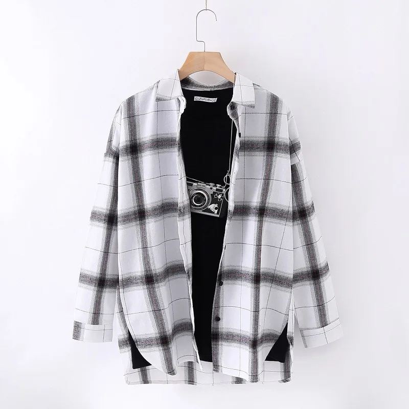  Women Plaid Shirts Japanese style loose Spring Long Sleeve Blouses Flannel Plaid Shirt Casual Femal