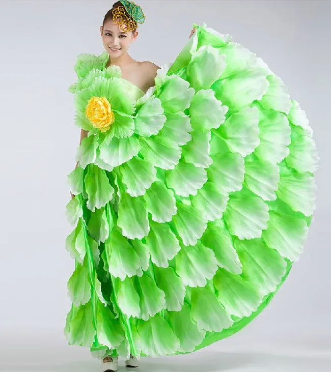 spain dancer green big swing handmade flower female costume banquet group dance modern dance stage performance clothes