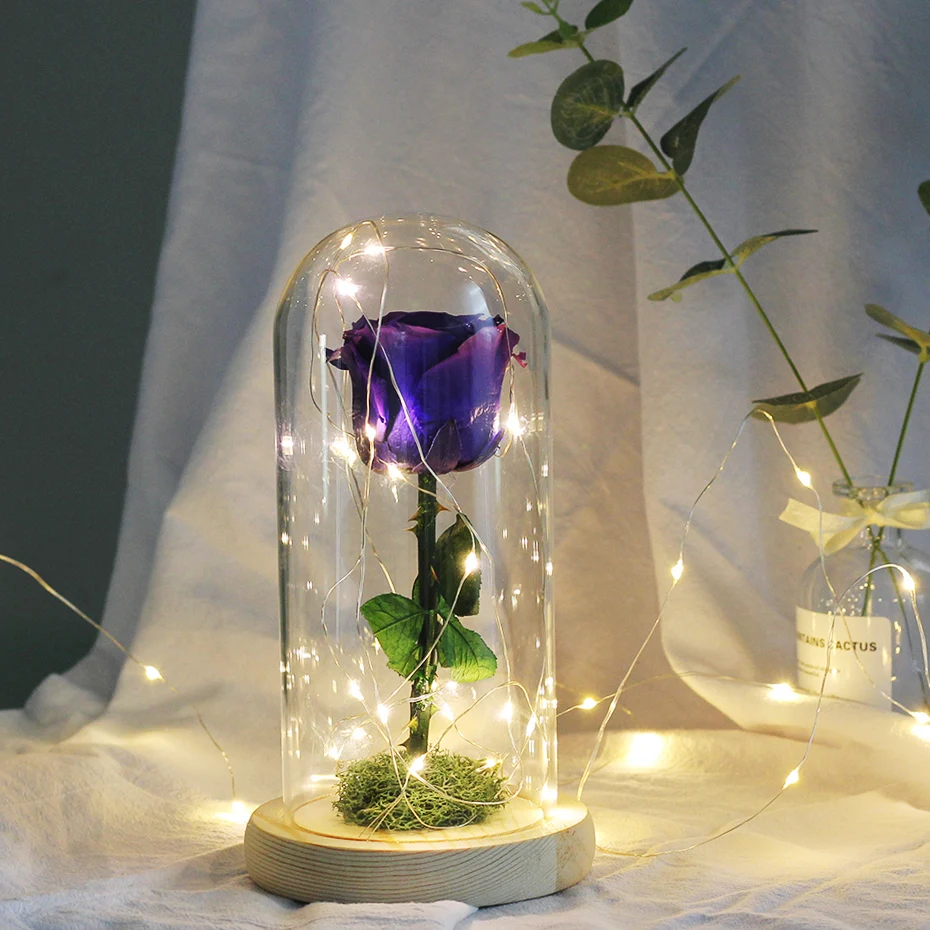 Подарок на день Святого Валентина Красавица и Чудовище светодиодный светильник-гирлянда красная роза в стеклянном куполе на деревянной основе подарки ко дню Святого Валентина - Цвет: Синий