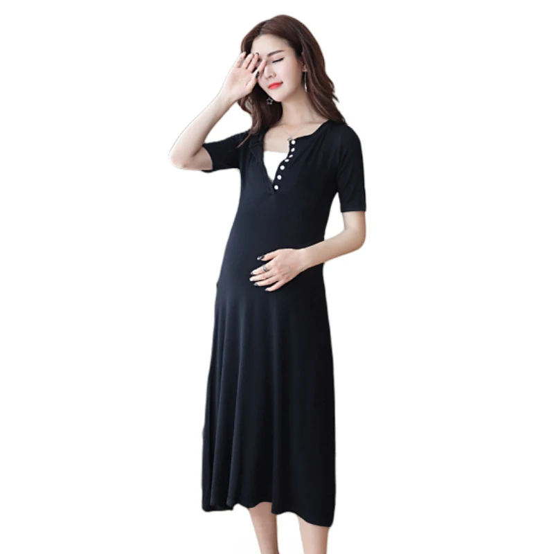 

Modal summer pregnant women breastfeeding fashion long skirt Slim short-sleeved dress maternity open buckle breastfeeding dress