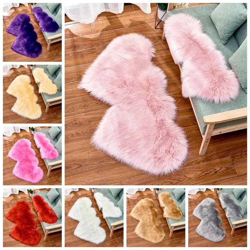

Double Love Heart Wool Artificial Fur Sheepskin Hairy Carpet Bedroom Living Room Decor Pink Blue Floor Mat Soft Shaggy Area Rugs
