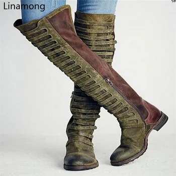 

Women Over-The-Knee Round Toe Boots Ladies Flat Heel Patchwork Design Vintage Shoes Female Roma Style Long Boots Street Style