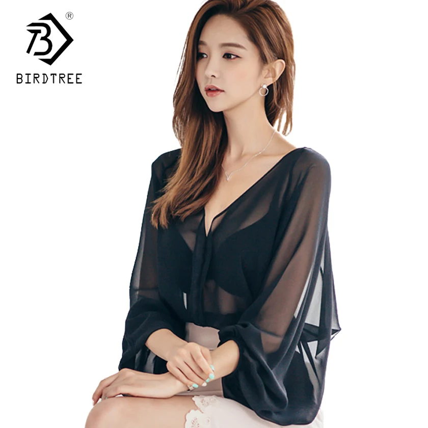 

2017 Korean Fashion Casual Women Sexy See Through Mesh Tops V Neck Long Batwing Sleeves Loose Top Black Blouss Hot Sale T7N018A