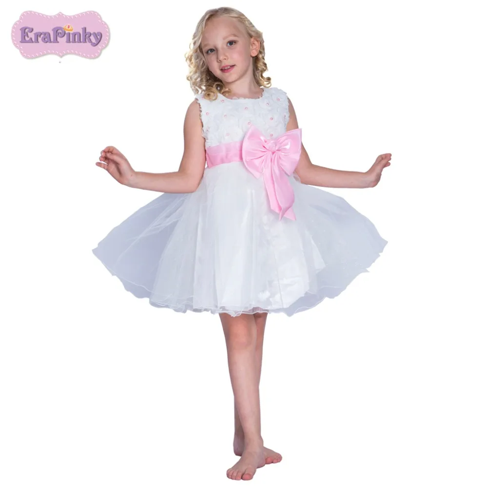 

Erapinky Girl Floral Clothing Kids Dresses Birthday Wedding Party With Bowknot Handmade Pearl White Color Girls Dresses