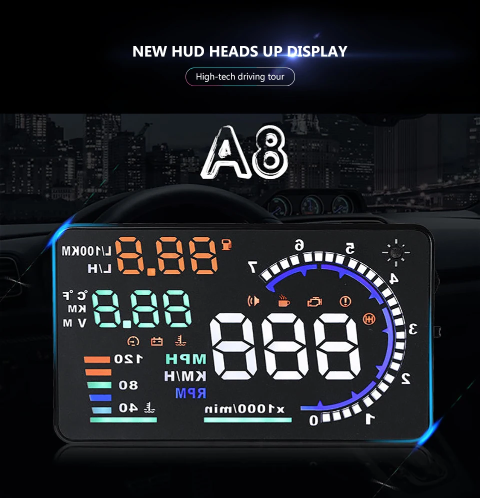 AOSHIKE A8 5," HUD Автомобильный светодиодный проектор на лобовое стекло OBD2 сканер Предупреждение расход топлива данные диагностики